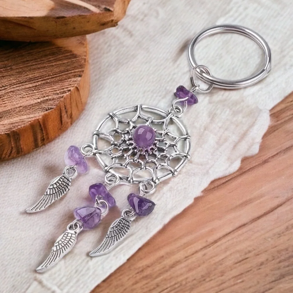 Dream Catcher Native American Keychain Silver Amethyst Purple